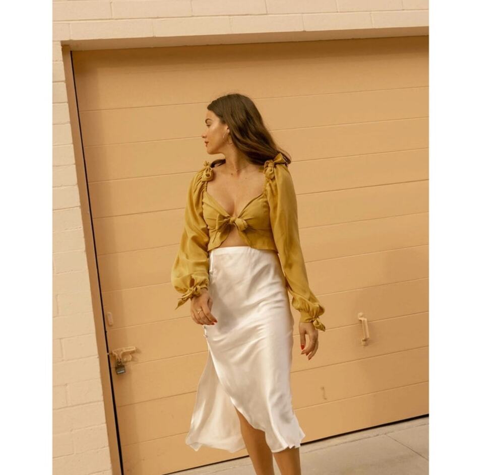 Stone Cold Fox Silk Mustard Tie Front Cropped Blouse